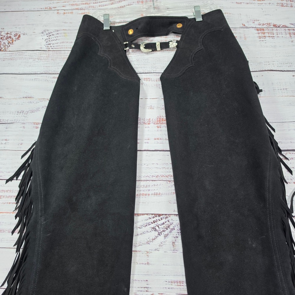 Hobby Horse Show Chaps Womens Medium Black Good Ultrasuede Fringe Western Riding - Picture 12 of 16